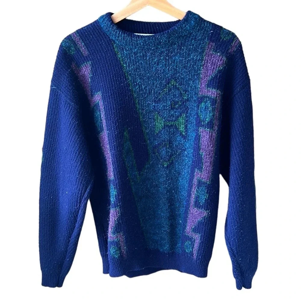 JJ Cochran Vintage 80s Blue Artsy Sweater. Metallic. XL tag fits like Large